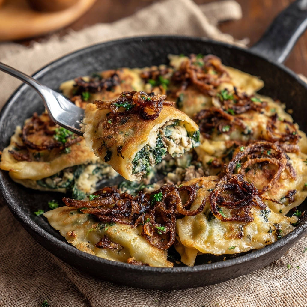 Spinat Kase Teigtaschen Querschnitt Rostzwiebeln 1 Spinat-Käse-Teigtaschen mit knusprigen Röstzwiebeln, hier im Nahaufnahme-Querschnitt auf einer Gabel präsentiert, mit sichtbarer Füllung.