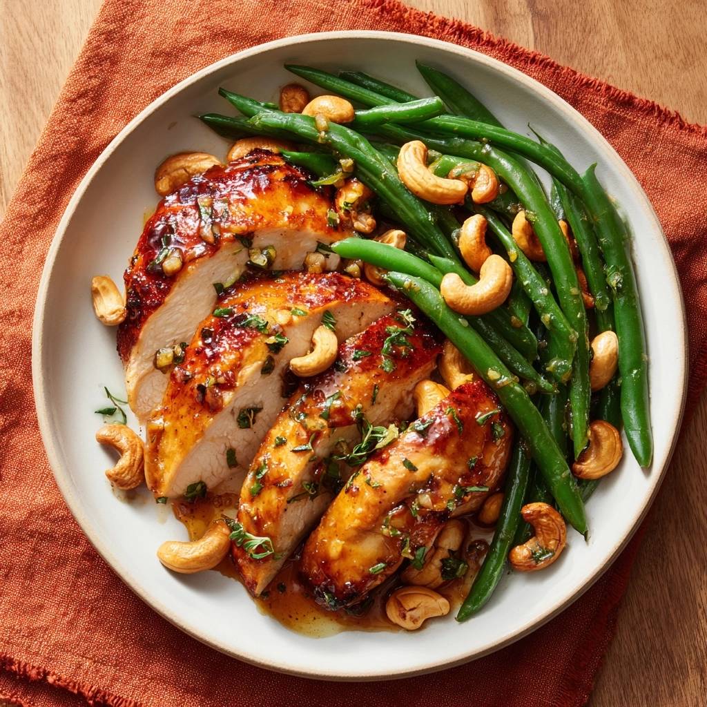 Teriyaki Haehnchen Angeschnitten Mit Bohnen Und Cashews 1 Saftiges Teriyaki-Hähnchen mit Cashew-Bohnen, angeschnitten und auf einem Teller mit Cashewkernen und grünen Bohnen serviert.