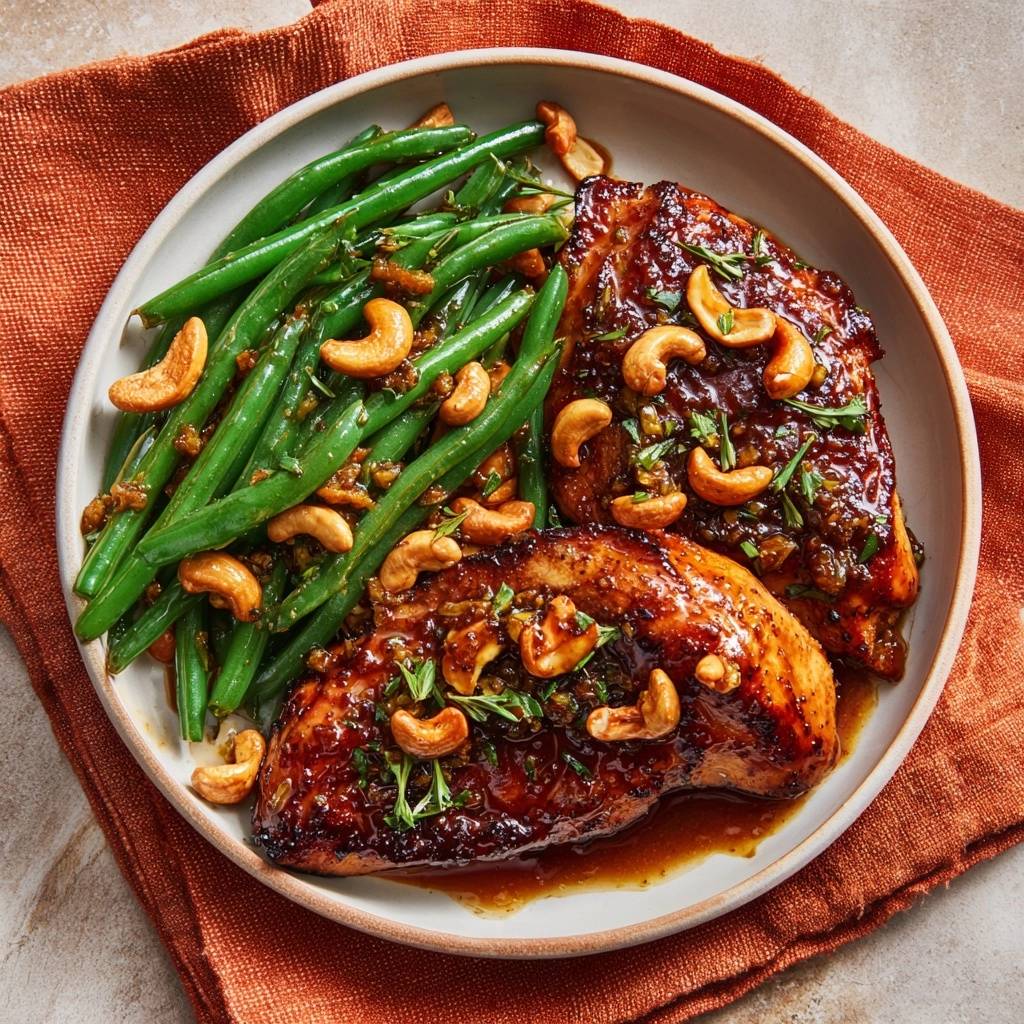 Saftiges Teriyaki-Hähnchen mit Cashew-Bohnen, serviert auf einem Teller mit grünen Bohnen und Cashewkernen aus der Vogelperspektive.