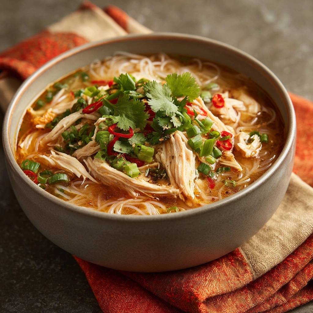 Thailndische Hhner Kokos Nudelsuppe Garniert 1 Thailändische Hühner-Kokos-Nudelsuppe mit frischen Kräutern und Chilis garniert im Detail.
