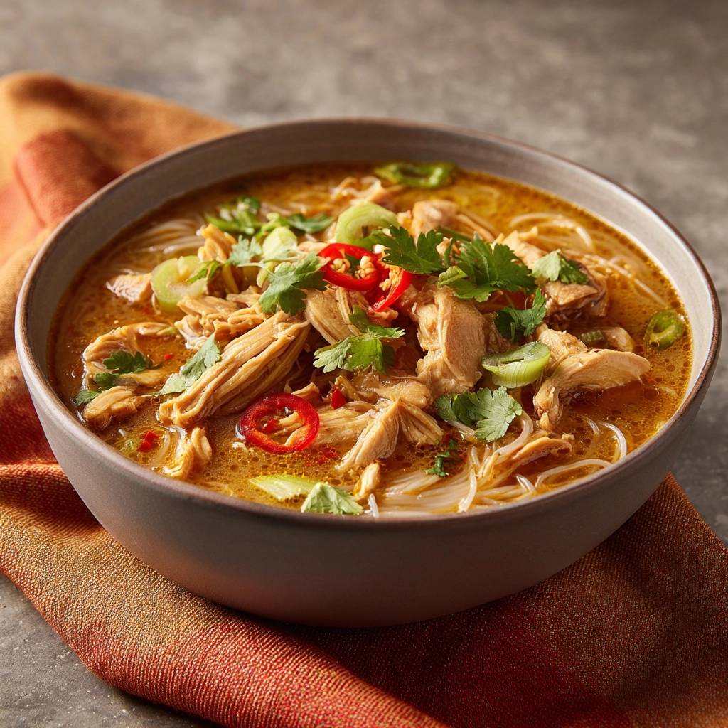 Thailändische Hühner-Kokos-Nudelsuppe mit frischen Kräutern und Chilis, garniert in einer Schüssel serviert
