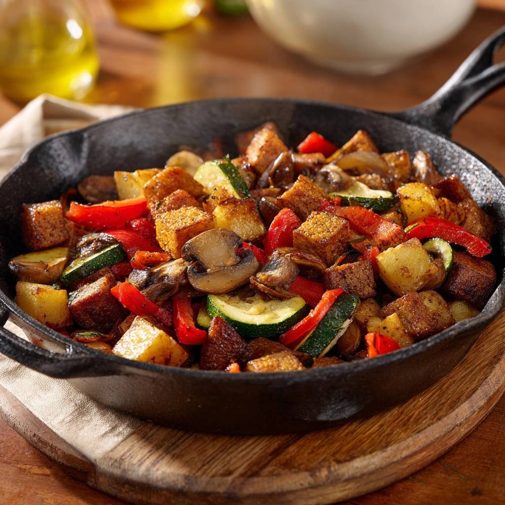 Knuspriger Tofu-Gemüse-Hash in einer gusseisernen Pfanne, mit Kartoffeln, Zucchini und Paprika.