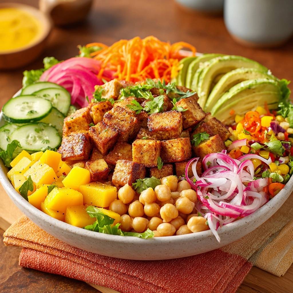 Tropischer Tofu-Bowl mit knackigem Tofu, Mango, Avocado und garniert mit frischer Petersilie.