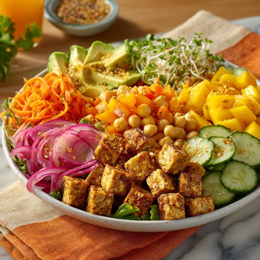 Tropischer Tofu-Bowl: Knusprig & tropisch vegan, eine Nahaufnahme der bunten Zutaten wie Mango, Avocado und Tofu.