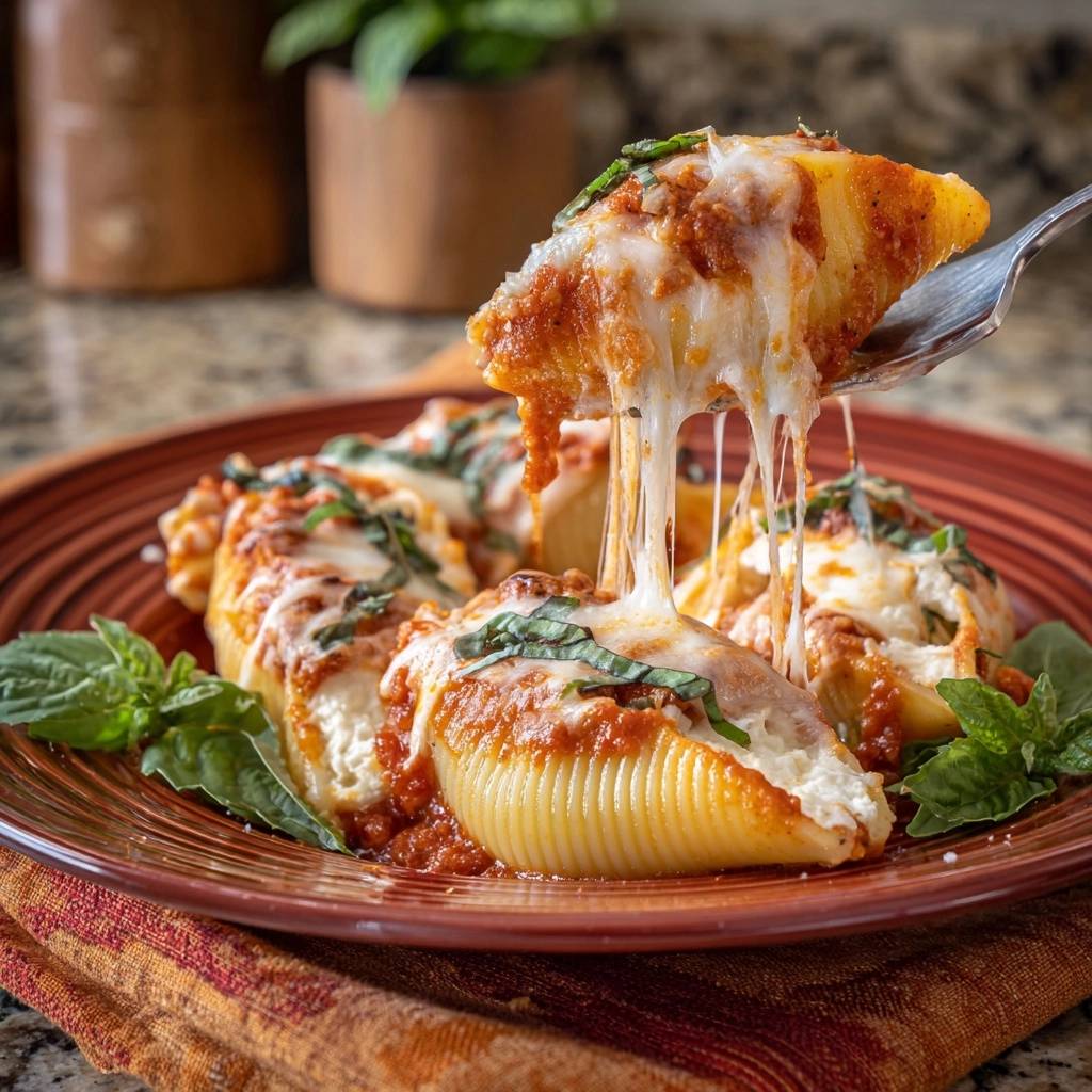 Ueberbackene Tomaten Kaese Conchiglie Geschmolzener Kaese 1 Überbackene Tomaten-Käse-Conchiglie mit geschmolzenem Käse, der von einer Gabel herabzieht.
