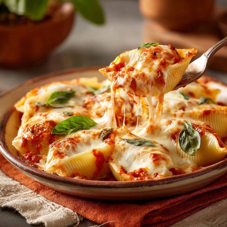 Überbackene Tomaten-Käse-Conchiglie mit geschmolzenem Käse, der von einer Gabel gezogen wird, mit frischem Basilikum garniert.
