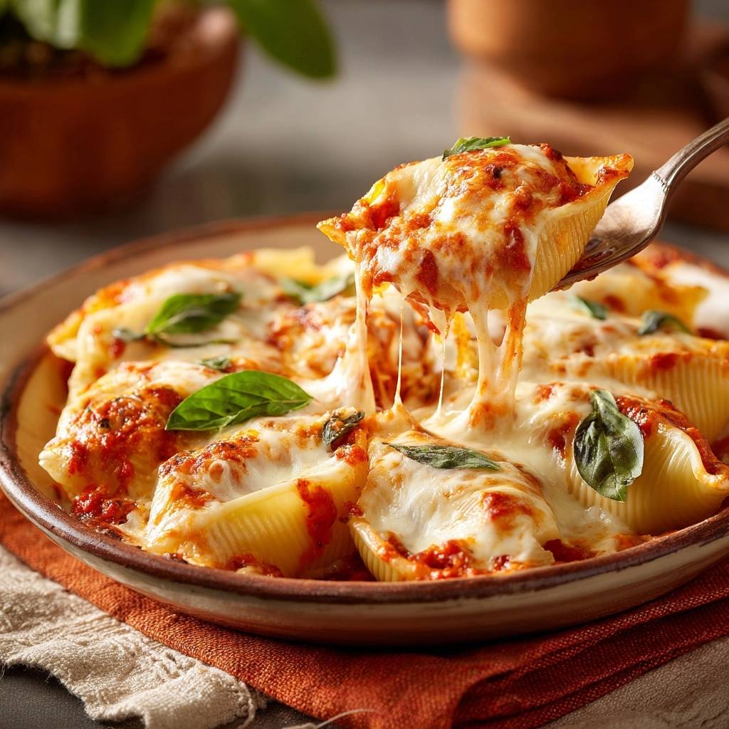 Überbackene Tomaten-Käse-Conchiglie mit geschmolzenem Käse, der von einer Gabel gezogen wird, mit frischem Basilikum garniert.