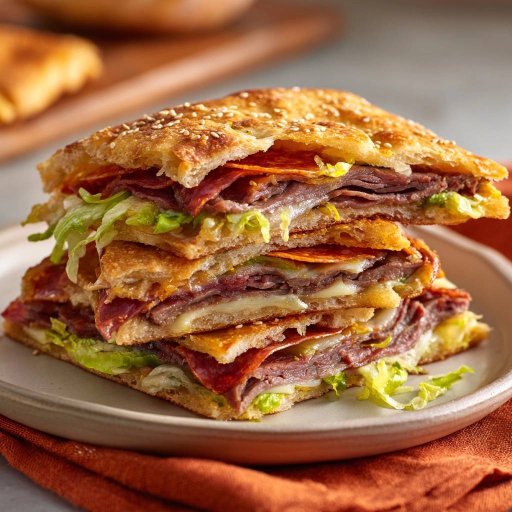 Überstackter Sesam-Panini mit Rindfleisch und Käse im Querschnitt, zeigt die vielen Schichten von Fleisch, Käse und Salat.