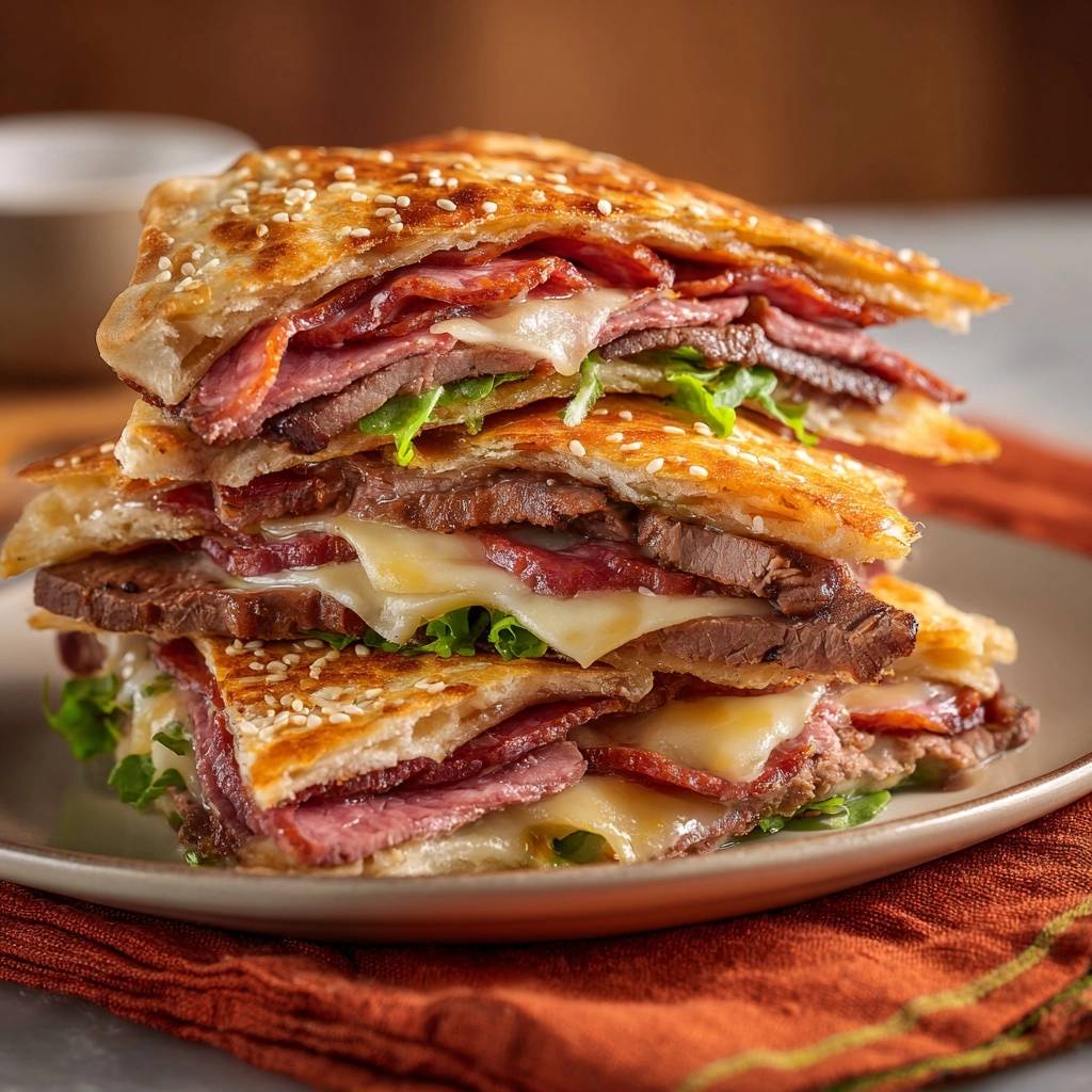 Überstackter Sesam-Panini mit Rindfleisch und Käse, gezeigt als Nahaufnahme des aufgeschnittenen, gestapelten Paninis mit sichtbaren Schichten.