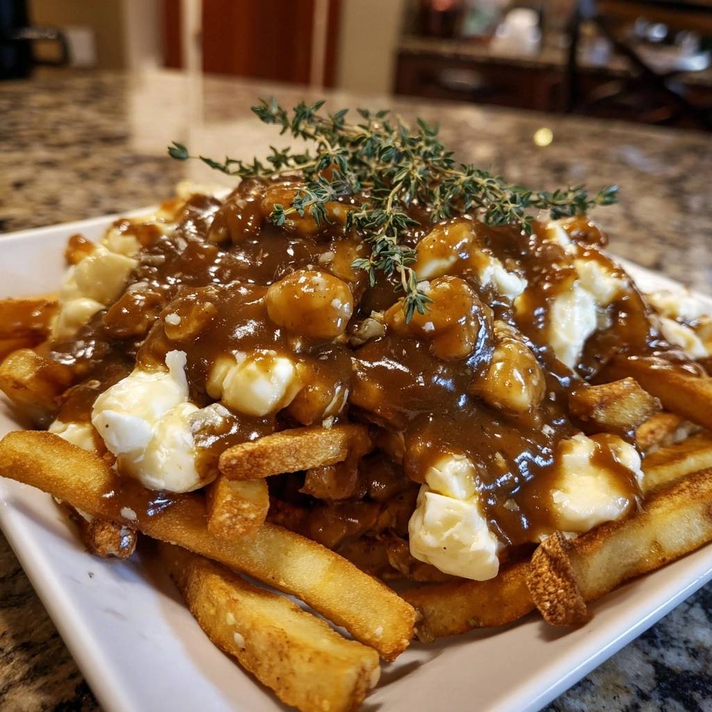 Ultimative Poutine mit Käse, brauner Sauce und frischen Kräutern garniert, nahaufnahme