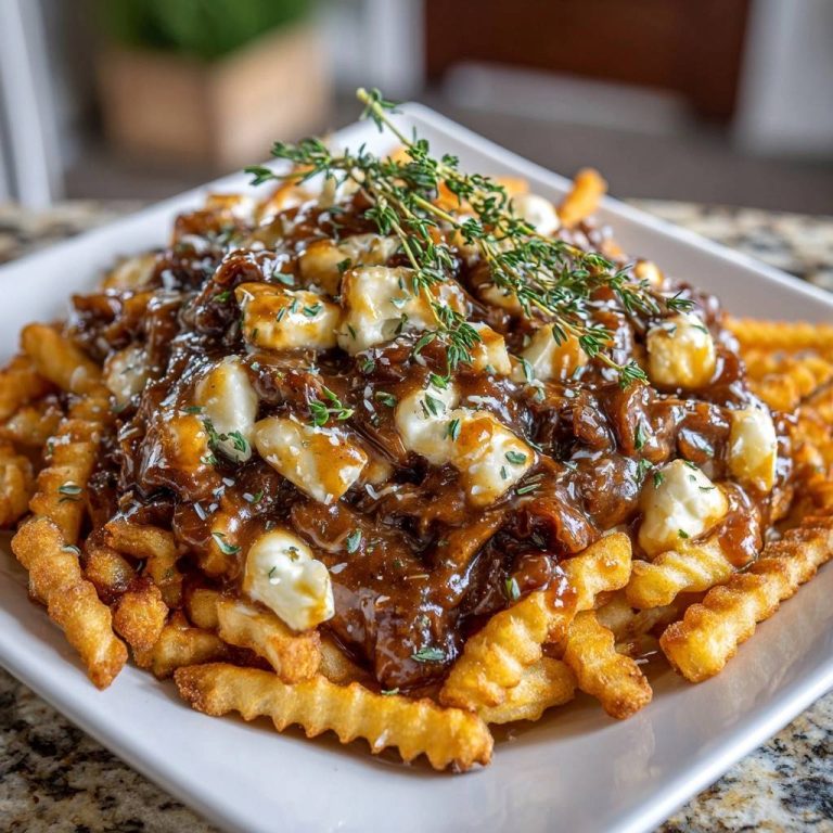 Ultimative Poutine, serviert auf einem Teller und üppig mit frischen Kräutern garniert.