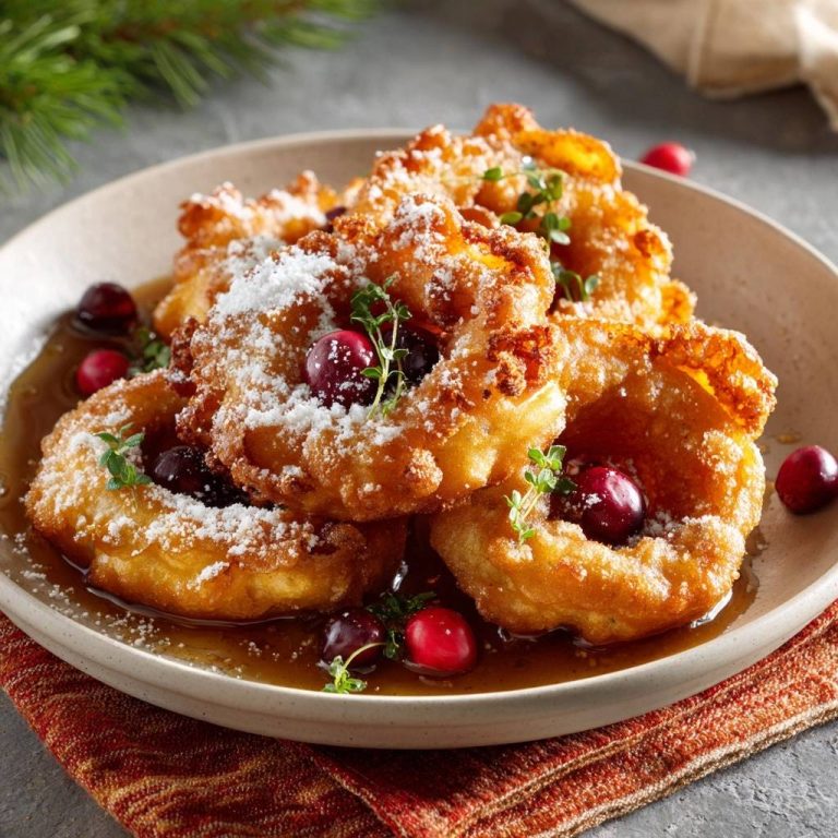 Knusprige weihnachtliche Apfelringe mit Cranberry-Thymian-Sauce, auf einem Teller mit Puderzucker und frischen Cranberries garniert