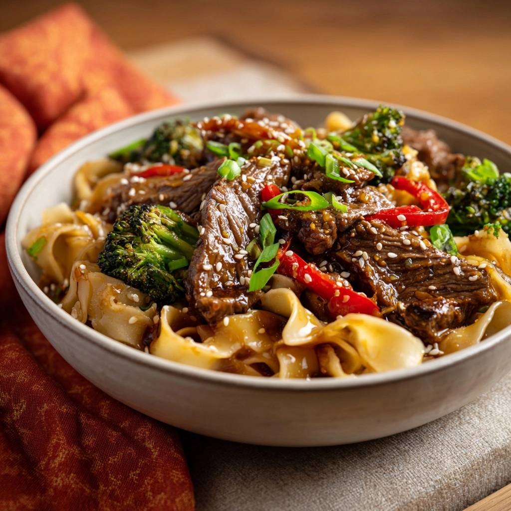 Wok-Rindfleisch-Nudeln mit Brokkoli, eine Nahaufnahme der Nudeln mit zartem Rindfleisch, garniert mit Sesam und Frühlingszwiebeln.