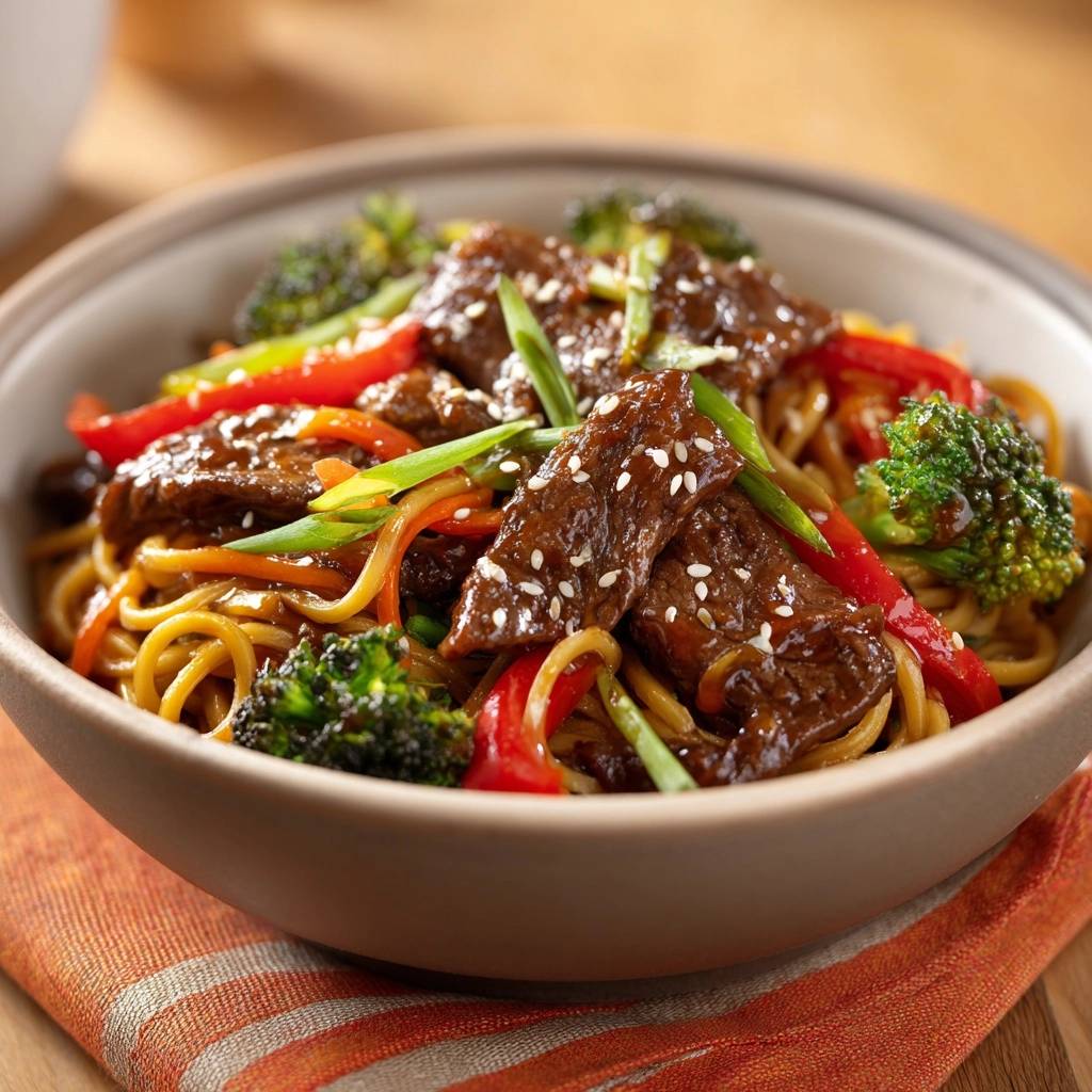 Wok-Rindfleisch-Nudeln mit Brokkoli, zartes Gericht in einer Schüssel mit Sesam und Frühlingszwiebeln garniert