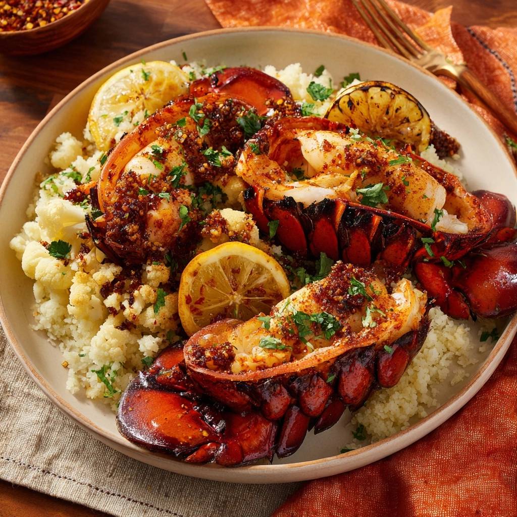 Würzige gegrillte Hummerschwänze auf Couscous, nah aufgenommen und mit frischer Petersilie und Zitronenspalten garniert.