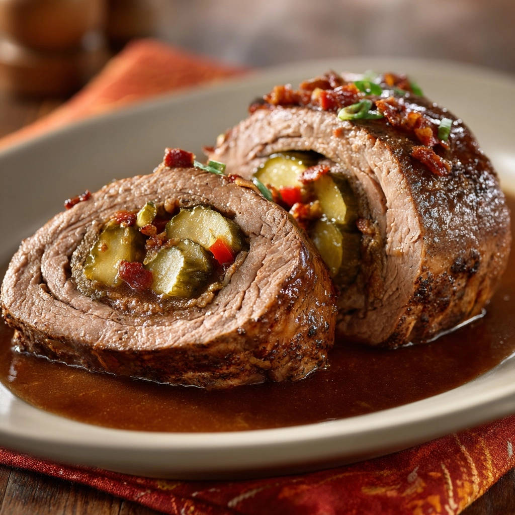 Zarter Rinderrollbraten Angeschnitten Mit Gurkenfuellung 1 Zarter Rinderrollbraten angeschnitten, der die saftige Füllung aus Gewürzgurken und Speck enthüllt.