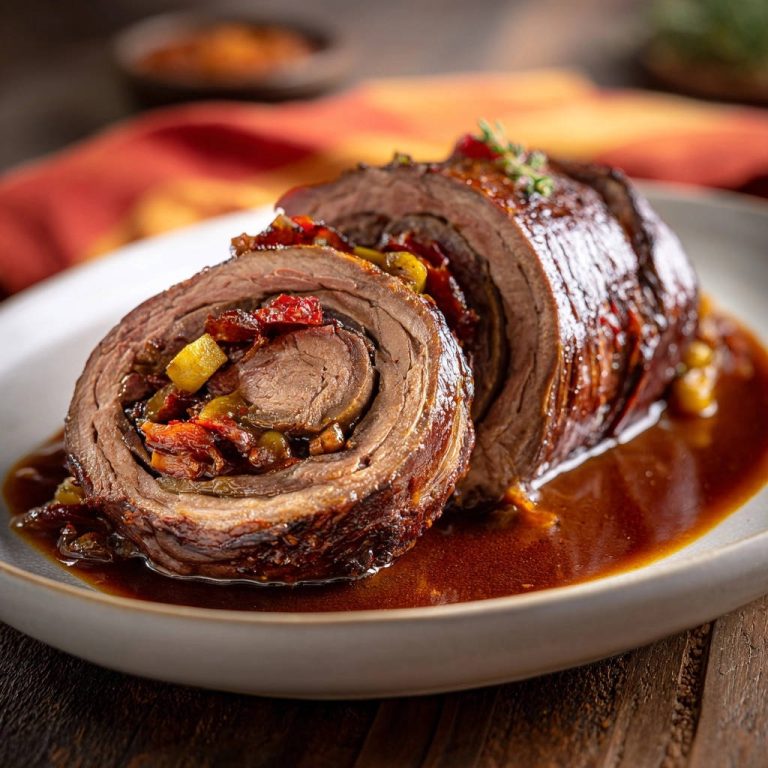 Zarter Rinderrollbraten im Anschnitt, mit saftigem Inneren und gefüllter Roulade, serviert in Bratensauce.