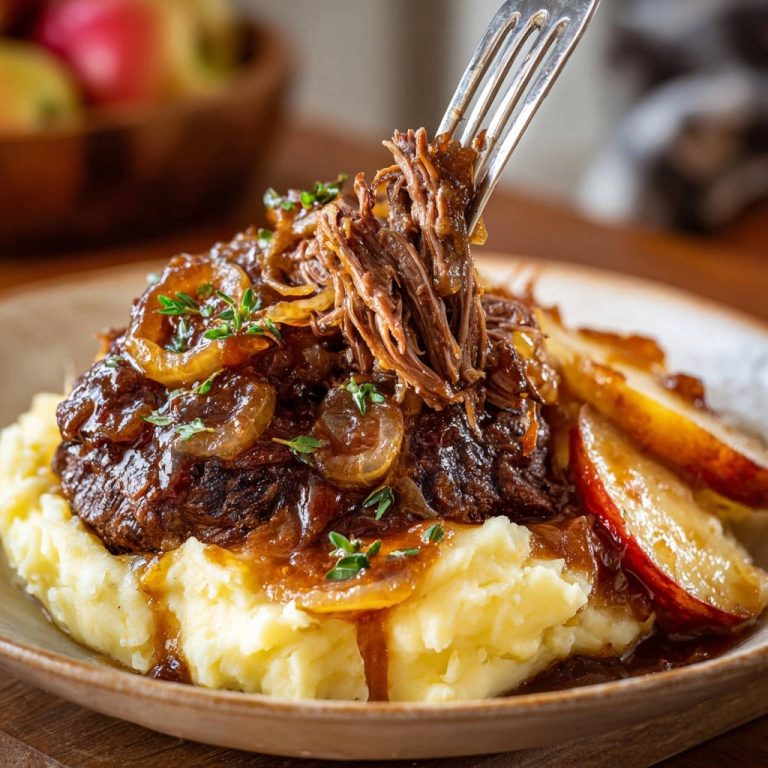 Zarter Rinderschmorbraten auf Kartoffelstampf, eine Gabel hebt ein Stück zartes Fleisch von diesem unwiderstehlichen Gericht.