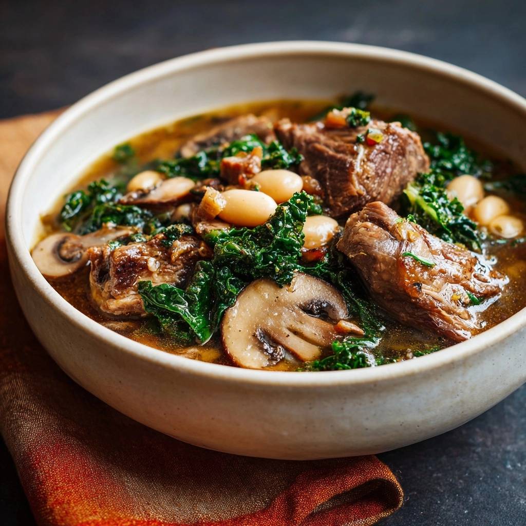 Zarter Rindfleisch-Eintopf mit Grünkohl, Pilzen & Bohnen als Detailaufnahme mit sichtbaren Fleischstücken und Gemüse.