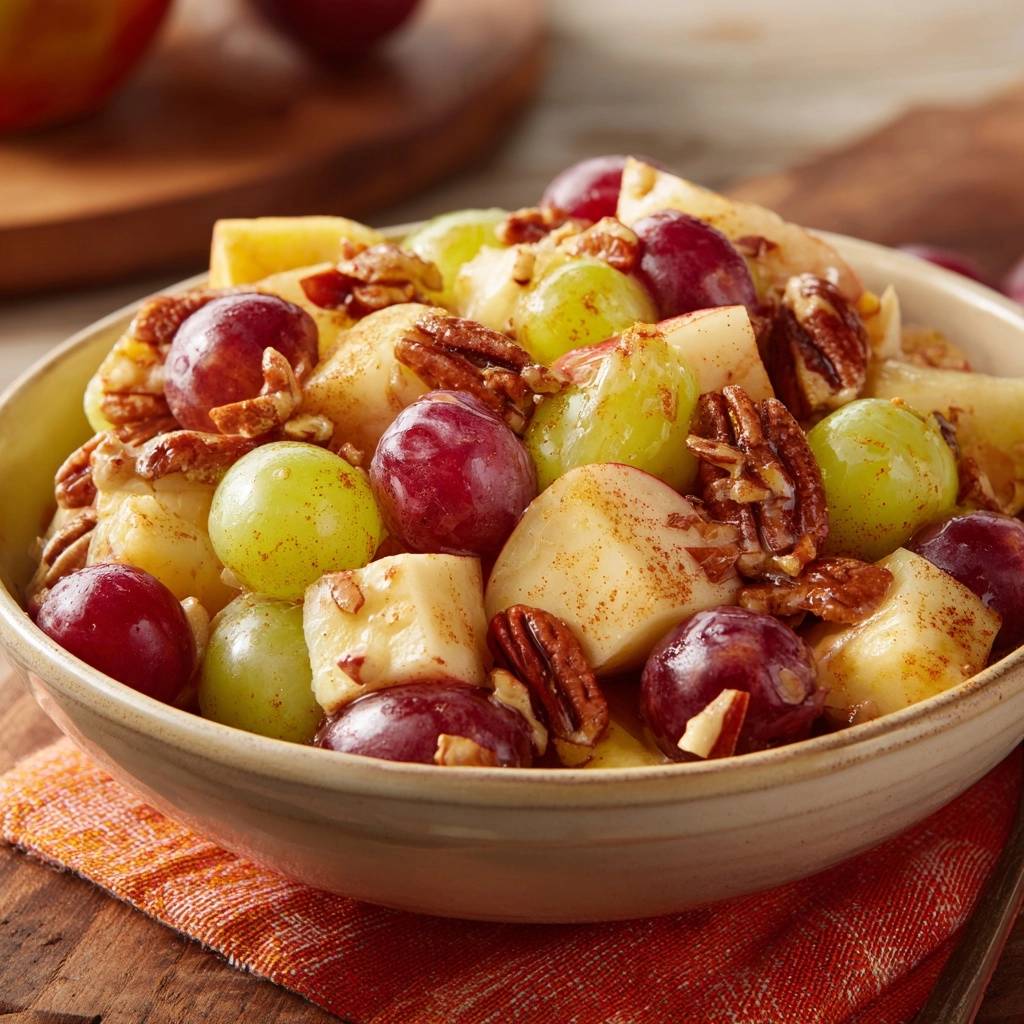 Zimtiger Apfel-Trauben-Pekan-Crunch wird als Nahaufnahme in einer Schüssel mit Zimt und Pekannüssen serviert.