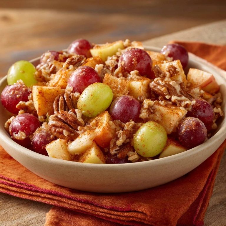 Zimtiger Apfel-Trauben-Pekan-Crunch in einer Schüssel, Nahaufnahme mit Fokus auf die Früchte und Nüsse