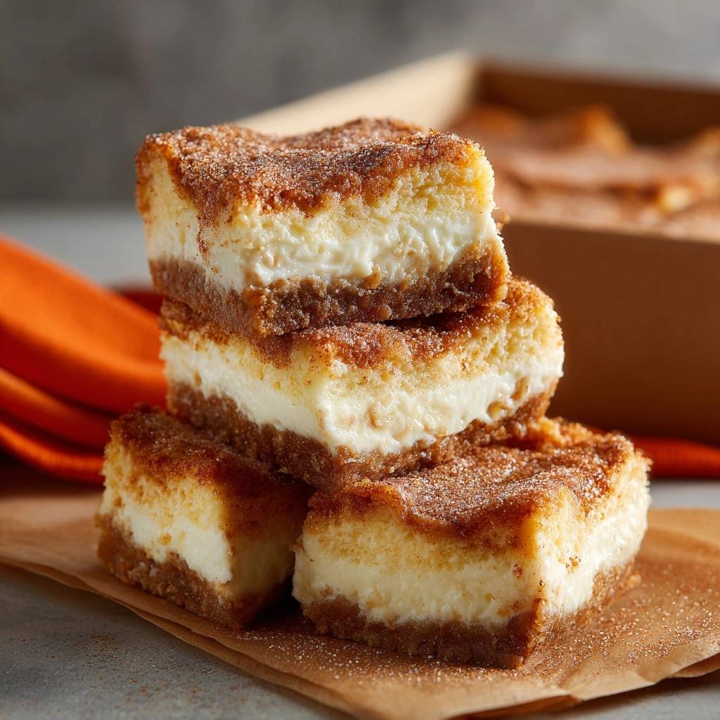 Zimtschnecken Cheesecake Bars Angeschnitten 1 Zimtschnecken-Cheesecake-Bars angeschnitten, die cremige Füllung und der Zimtboden sind gut sichtbar.