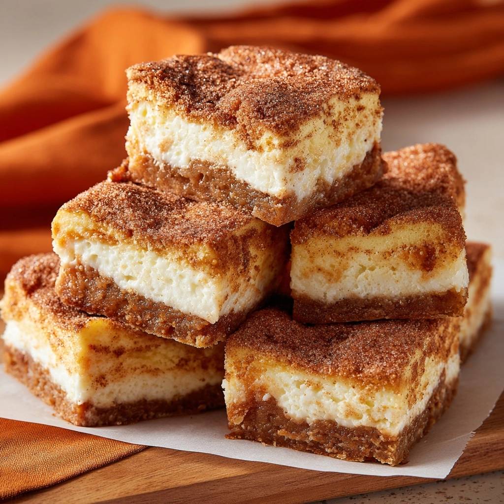 Zimtschnecken-Cheesecake-Bars angeschnitten, zeigen die cremige Käsekuchenschicht auf einem Keksboden und sind mit Zimt bestreut.