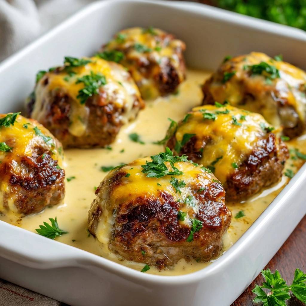 Käseüberbackene Fleischbällchen in Sahnesoße
