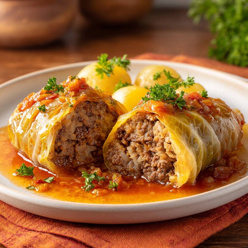 Kohlrouladen mit Tomatensoße und Salzkartoffeln