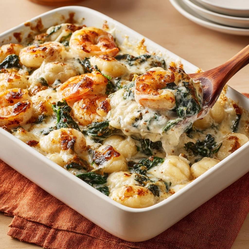 Cremiger Gnocchi-Spinat-Garnelen-Auflauf