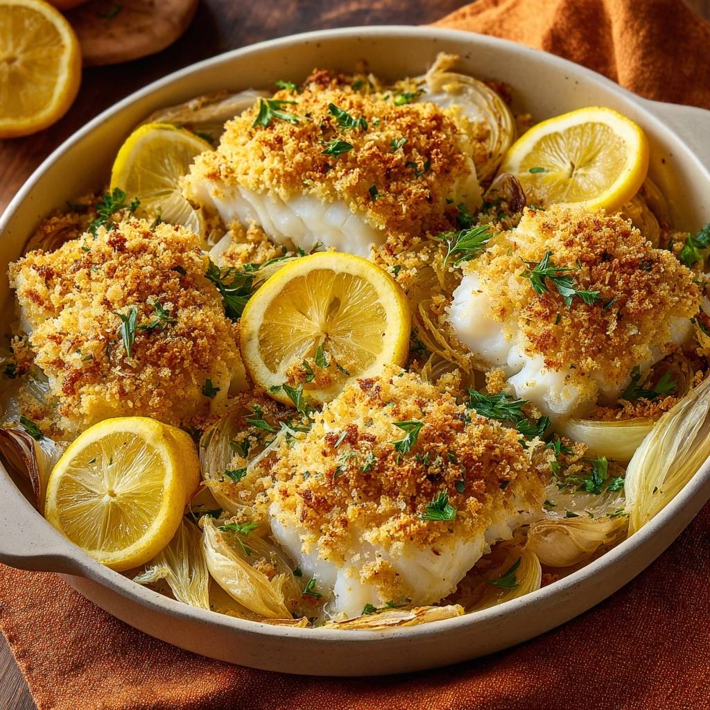 Knuspriger Kabeljau auf Fenchelbett