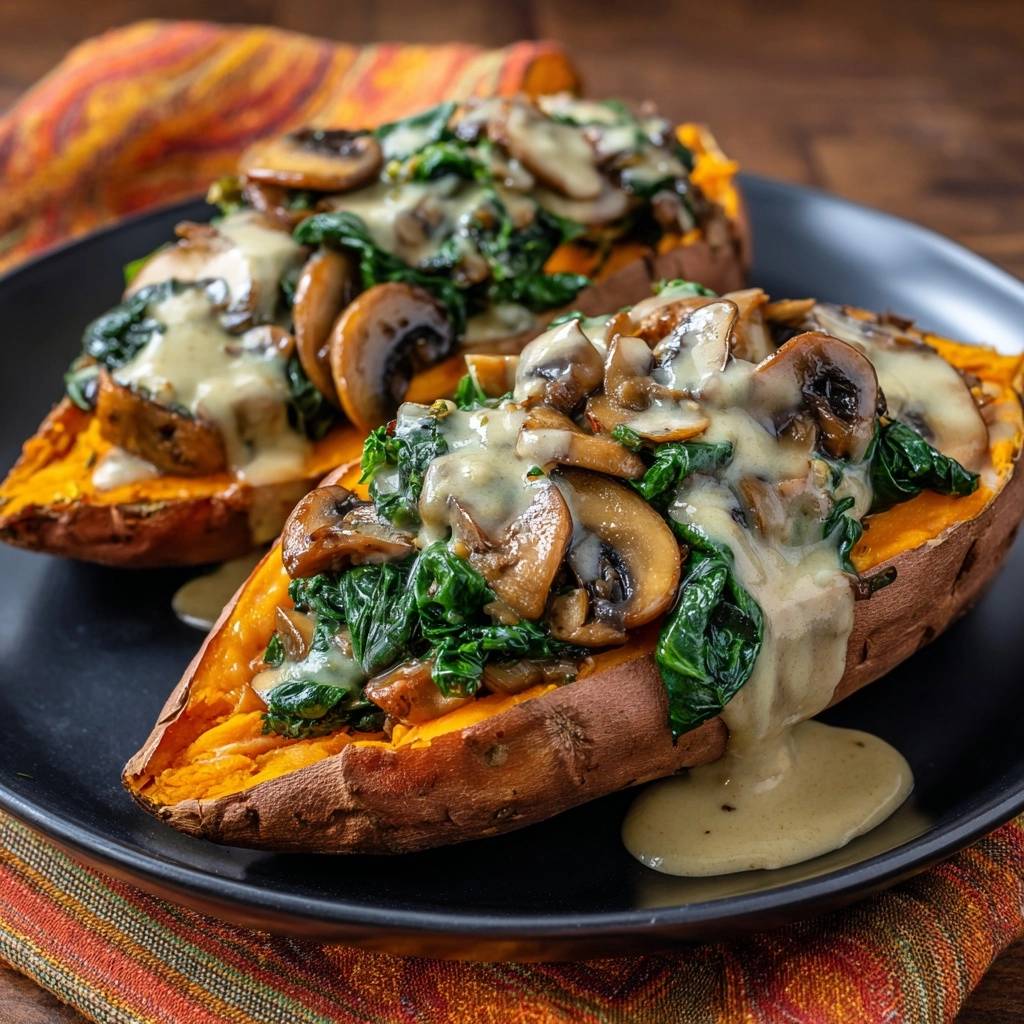 Cremig gefüllte Süßkartoffeln mit Spinat und Pilzen