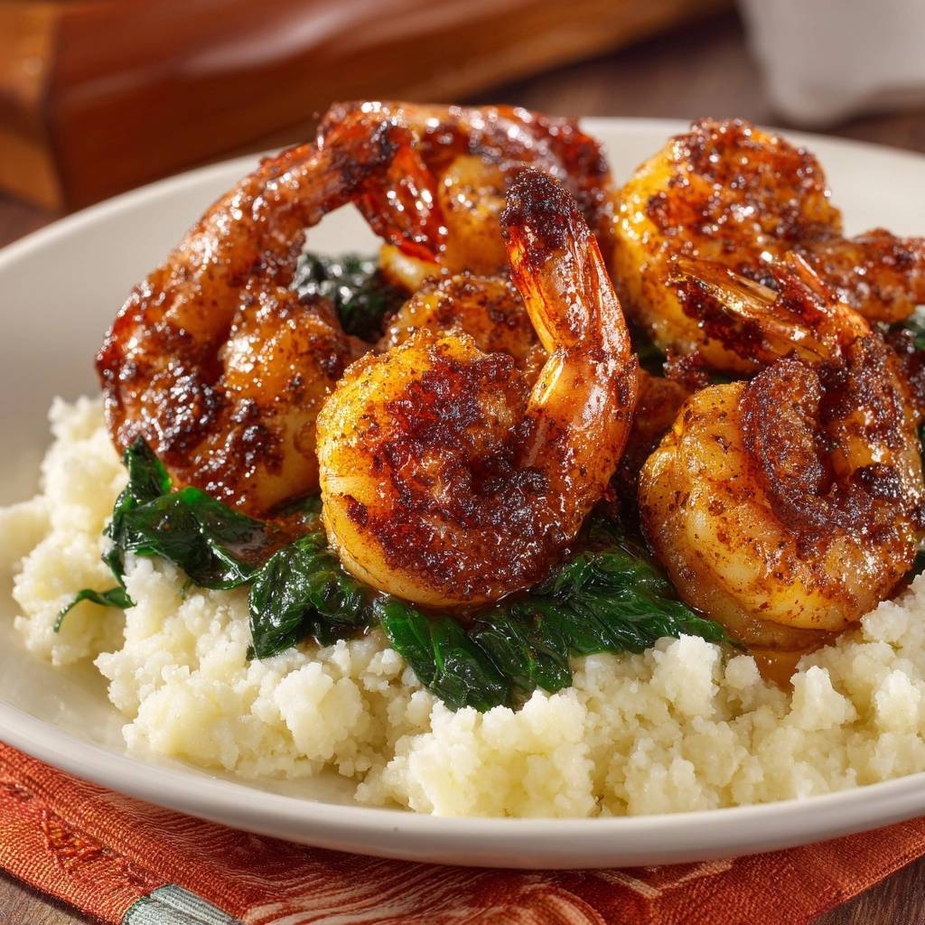 Würzige Garnelen mit Spinat auf Blumenkohlreis