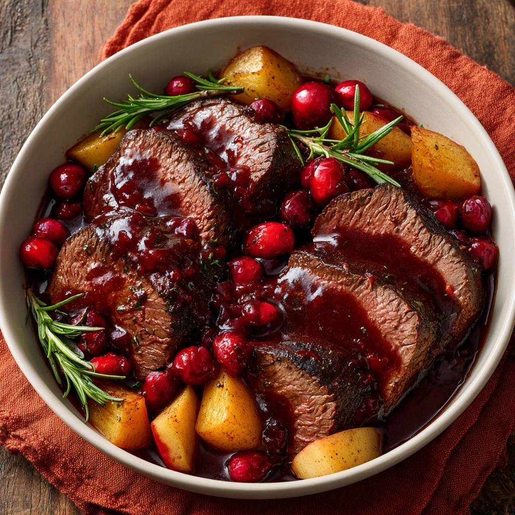 Saftiges Rindfleisch mit Preiselbeersoße und Rosmarinkartoffeln