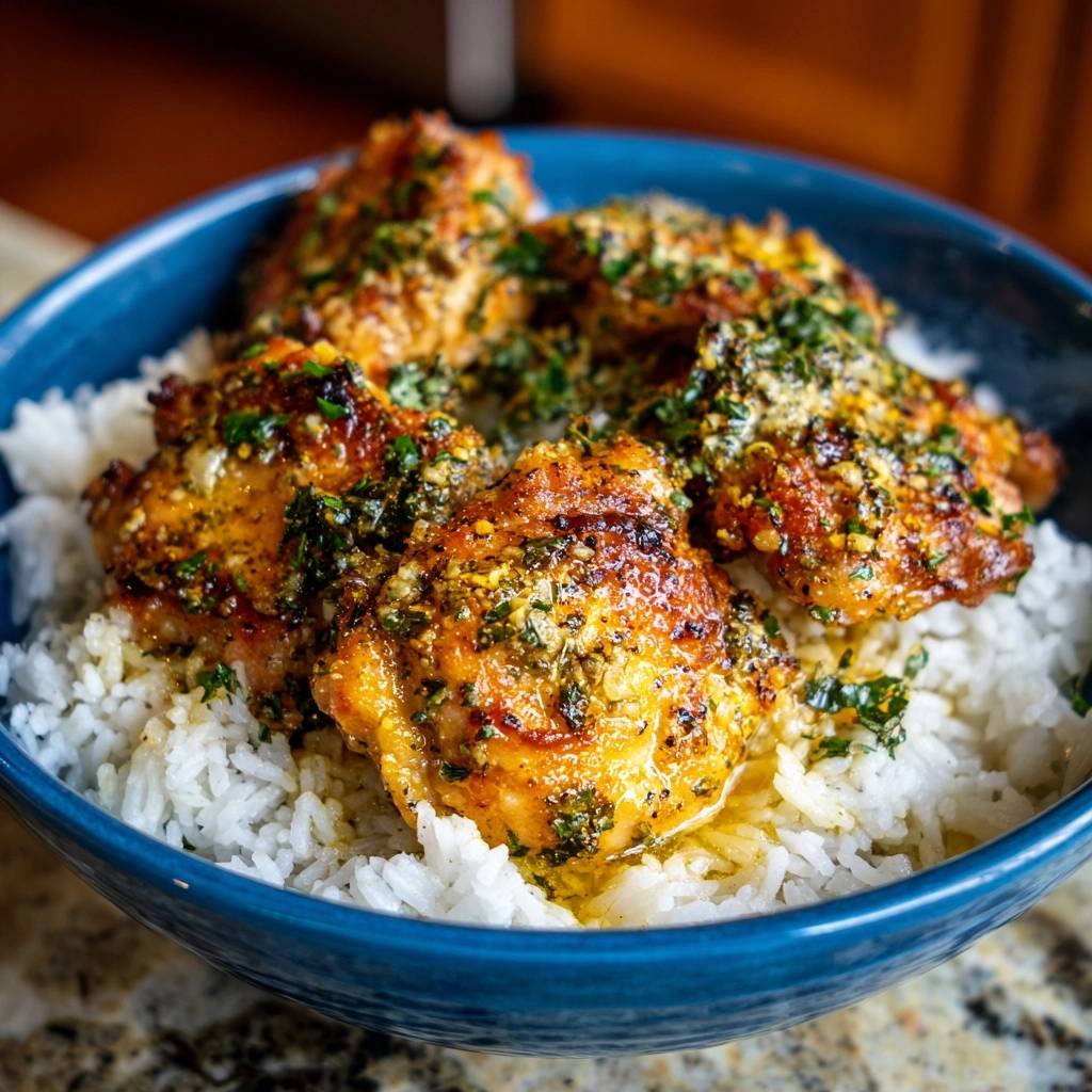 Knusprige Knoblauch-Honig-Hähnchenschenkel auf Reis