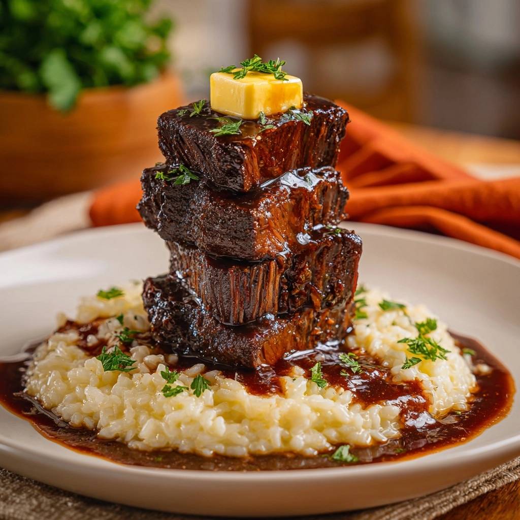 Saftige glasierte Rinderrippen auf cremigem Reis