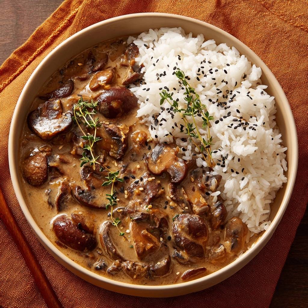Knackige Pilze in glänzender Soße auf Reis