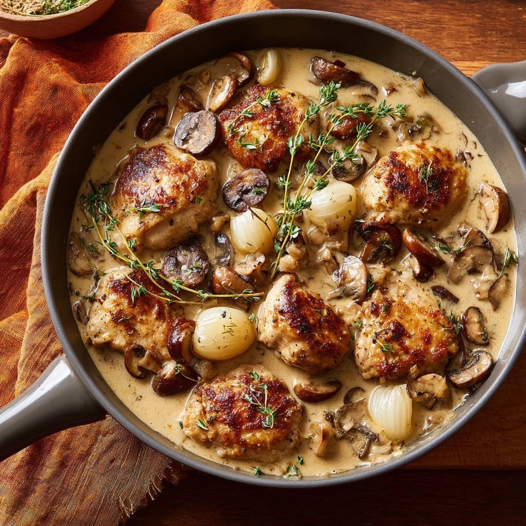 Hähnchenschenkel mit Pilzen und Perlzwiebeln