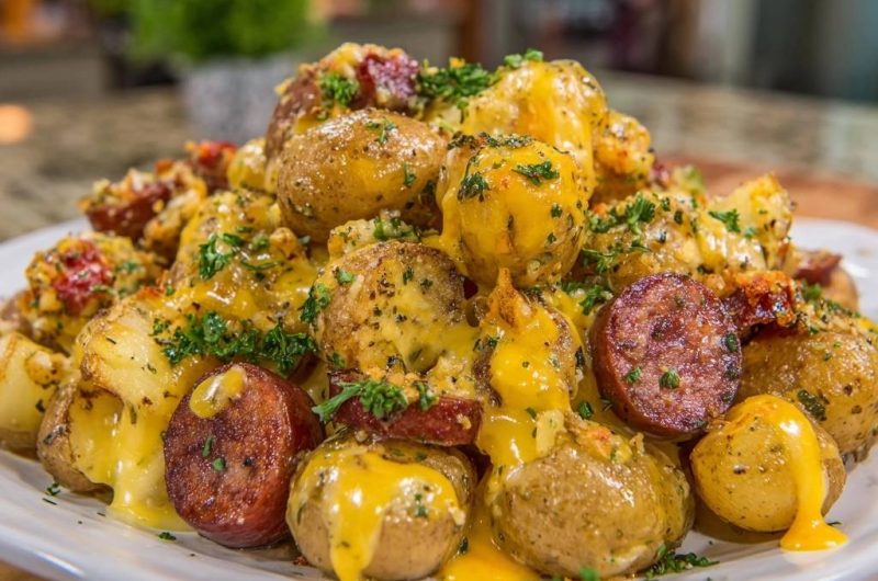 Beladene Babykartoffeln mit Chorizo und Käse