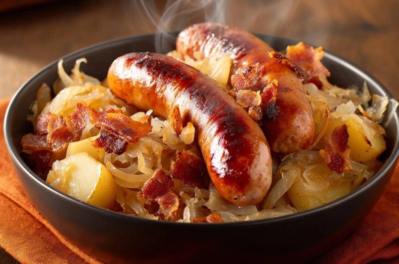 Bratwürste mit Sauerkraut & Speckkartoffeln