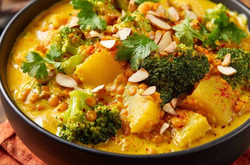 Brokkoli-Linsen-Curry mit Kartoffeln und Mandeln (Nie wieder matschiger Brokkoli!)