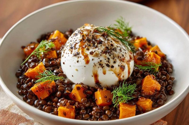 Burrata-Linsen-Bowl mit geröstetem Kürbis