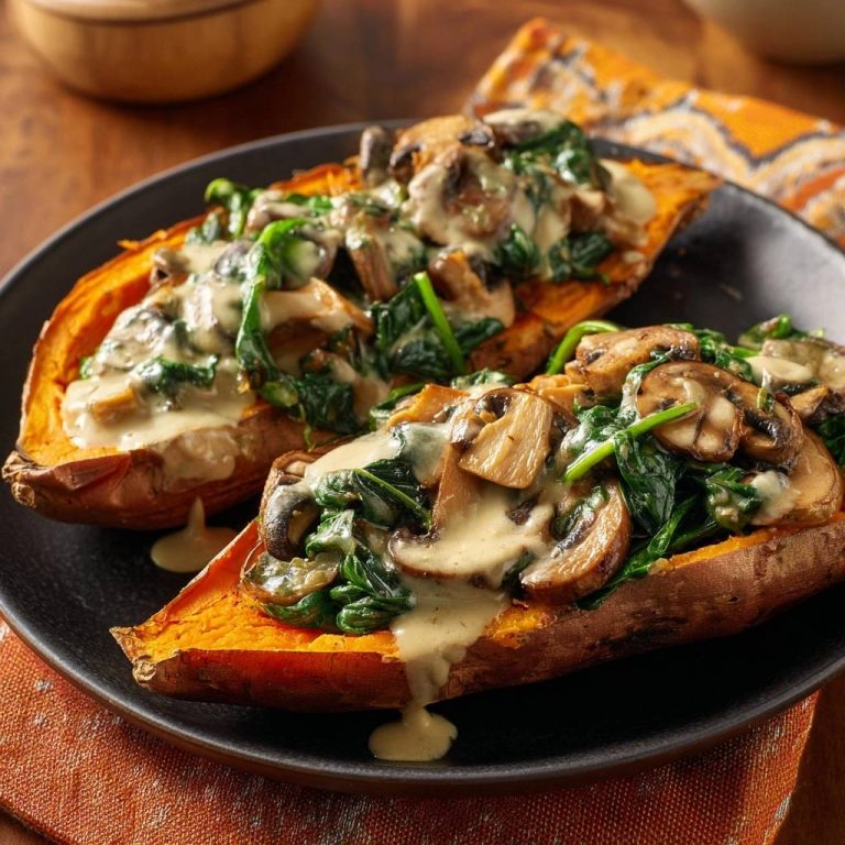 Cremig gefüllte Süßkartoffeln mit Spinat und Pilzen