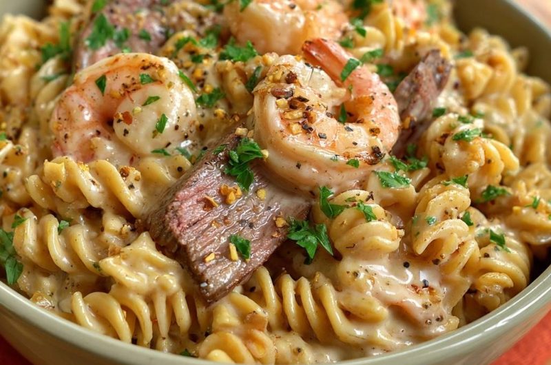 Cremige Fusilli mit Garnelen und Rindfleisch