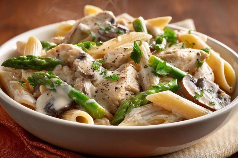Cremige Hähnchen-Spargel-Pasta mit Pilzen