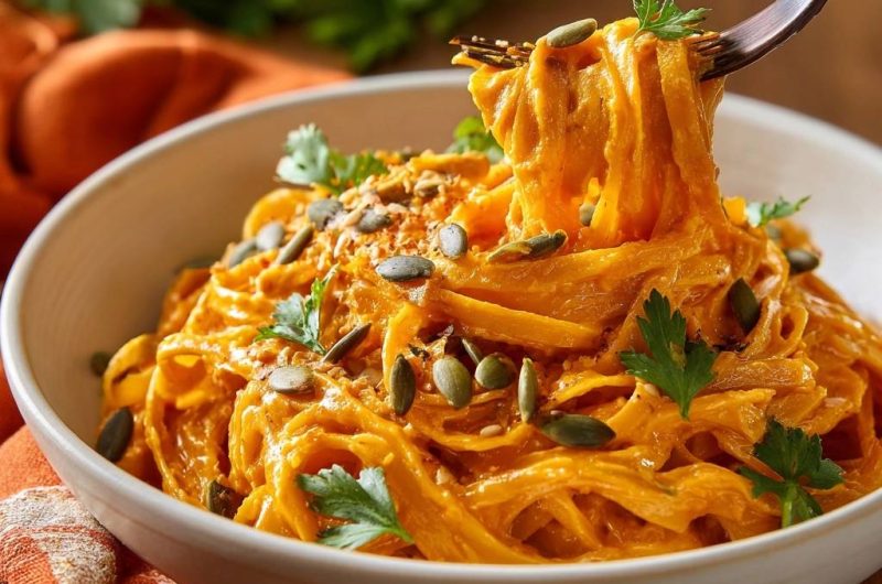 Cremige Kürbisspaghetti mit Kürbiskernen