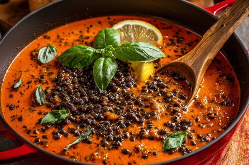 Cremige Tomaten-Linsensuppe mit Zitrone & Basilikum