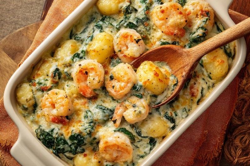 Cremiger Gnocchi-Spinat-Garnelen-Auflauf