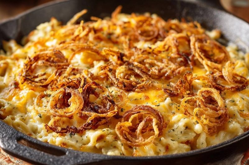 Cremiger Kartoffel-Käse-Auflauf mit Zwiebelringen