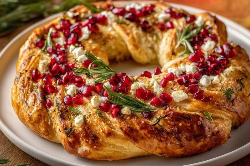 Festlicher Rosmarin-Feta-Brotkranz mit Granatapfel